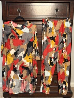 Multicolor Abstract Print Women's Pants Suit